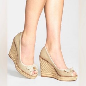 Tori Burch Jackie canvas natural peep-toe espadrille wedge 10b